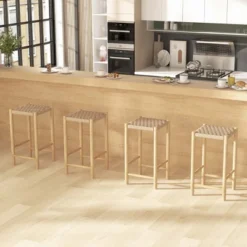 Costway 26'' Dining Bar Stool Set Of 2/4 Counter Height With Rubber Wood Woven Saddle Seat