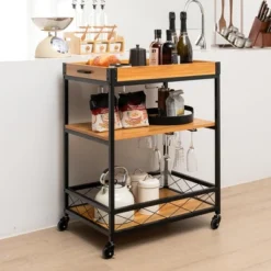 Costway 3-Tier Kitchen Cart Island Rolling Rack Serving Trolley Detachable Top & Glass Holder