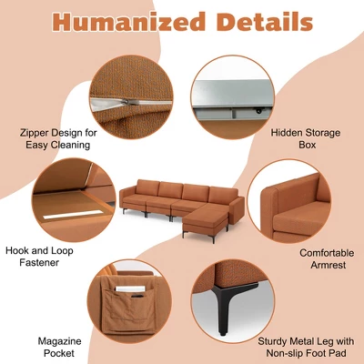 Costway Modular L-shaped Sectional Sofa W/ Reversible Chaise & 4 USB Ports OrangeDark Grey 7 Costway Modular L-shaped Sectional Sofa W/ Reversible Chaise & 4 USB Ports OrangeDark Grey - Image 7