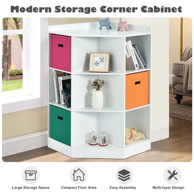 Costway 3-Tier Kids Storage Shelf Cubes W/3 Baskets Corner Cabinet Organizer White 5 Costway 3-Tier Kids Storage Shelf Cubes W/3 Baskets Corner Cabinet Organizer White - Image 5