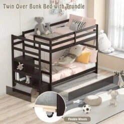 Costway Twin Over Twin Bunk Bed With Trundle Stairway And Storage Shelf Drawer WhiteEspressoGrey -Costway GUEST d91719fc 058b 4615 8211 a8b7e4eacf1b
