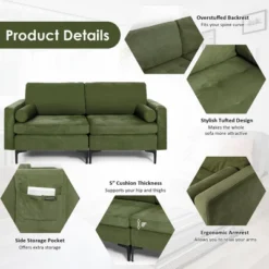 Costway Modern Loveseat 2-Seat Sofa Couch W/ 2 Bolsters & Side Storage Pocket Army Green -Costway GUEST d9478d7b 7243 4e7b 995f b1179e174a2a