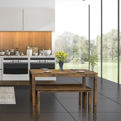 3pcs Dining Set Modern Studio Collection Table With 2 Benches Wood Legs Coffee 4 3pcs Dining Set Modern Studio Collection Table With 2 Benches Wood Legs Coffee - Image 4