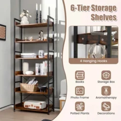 Costway 6-Tier Bookshelf Open Display Shelves Storage Rack Metal Frame With 4 Hooks Rustic 13 Costway 6-Tier Bookshelf Open Display Shelves Storage Rack Metal Frame With 4 Hooks Rustic -Costway GUEST db162d80 b721 4c3a 800e c9facf352dd0
