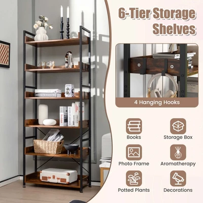 Costway 6-Tier Bookshelf Open Display Shelves Storage Rack Metal Frame With 4 Hooks Rustic 5 Costway 6-Tier Bookshelf Open Display Shelves Storage Rack Metal Frame With 4 Hooks Rustic - Image 5