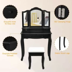 Costway Vanity Makeup Dressing Table Set W/Stool 4 Drawer&Mirror Jewelry Wood Desk Black -Costway GUEST db63acb7 9f60 4e96 9f19 4db3fc6ece25