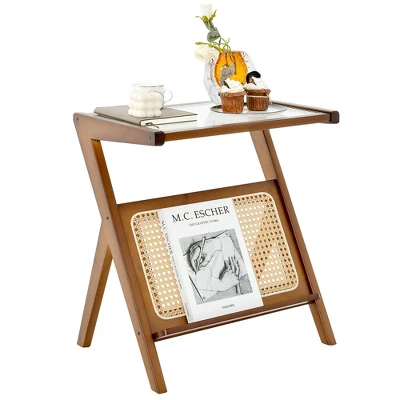 Costway Rattan Side Table Bamboo Accent Bedside Table With Tempered Glass Top Walnut/Natural 10 Costway Rattan Side Table Bamboo Accent Bedside Table With Tempered Glass Top Walnut/Natural - Image 10