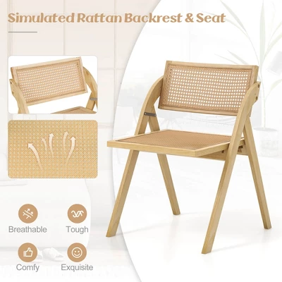 Costway Foldable Dining Chairs Set Of 2/4 With Woven Rattan Backrest & Seat Rubber Wood Frame Natural 4 Costway Foldable Dining Chairs Set Of 2/4 With Woven Rattan Backrest & Seat Rubber Wood Frame Natural - Image 4