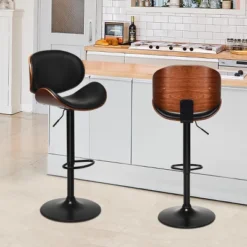 Costway Set Of 2 Bentwood Barstool Mid-Century Adjustable Swivel PU Leather Curved Back -Costway GUEST dfe59066 658b 4ab6 8353 03d200d94977