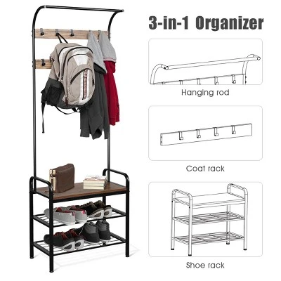 Costway Industrial Coat Rack Shoe Bench Hall Tree Entryway Storage Shelf With 9 Hooks 5 Costway Industrial Coat Rack Shoe Bench Hall Tree Entryway Storage Shelf With 9 Hooks - Image 5