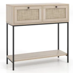 Costway Rattan Console Table With 2 Rattan Drawers & Open Storage Shelf Metal Legs Oak -Costway GUEST e033e431 1759 47b1 97e3 7ce2aba0450f