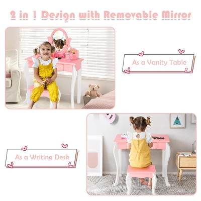 Costway Kids Vanity Princess Makeup Dressing Table Stool Set W/ Mirror Drawer 4 Costway Kids Vanity Princess Makeup Dressing Table Stool Set W/ Mirror Drawer - Image 4