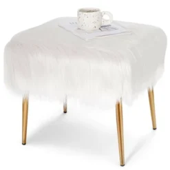 Costway Faux Fur Vanity Stool Square Furry Ottoman W/ Golden Metal Legs -Costway GUEST e18d6dc4 60b3 4a11 82ba 1dde30b5114c