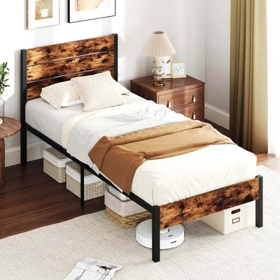 Costway Twin/Full/Queen/King Bed Frame With Tall Industrial Headboard Heavy-Duty Metal Slats Support Brown 10 Costway Twin/Full/Queen/King Bed Frame With Tall Industrial Headboard Heavy-Duty Metal Slats Support Brown - Image 10