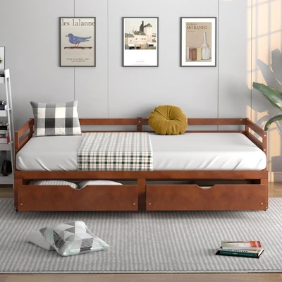 Costway Twin To King Daybed With 2 Drawers Wooden Sofa Bed For Bedroom Living Room White/Cherry 2 Costway Twin To King Daybed With 2 Drawers Wooden Sofa Bed For Bedroom Living Room White/Cherry - Image 2