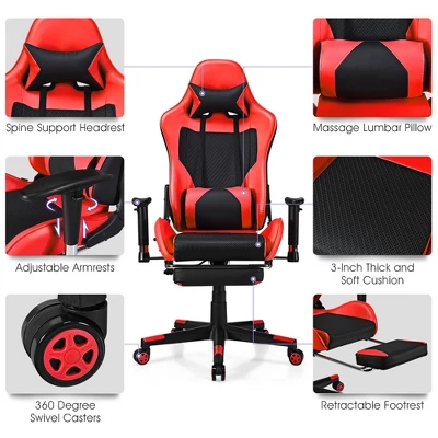 Costway Gaming Chair Massage Reclining Racing Office Computer Chair With Footrest Red 9 Costway Gaming Chair Massage Reclining Racing Office Computer Chair With Footrest Red - Image 9