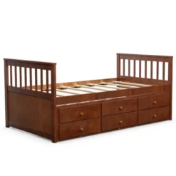 Costway Twin Captain's Bed Bunk Bed Alternative W/ Trundle & Drawers For Kids WalnutEspressoWhite