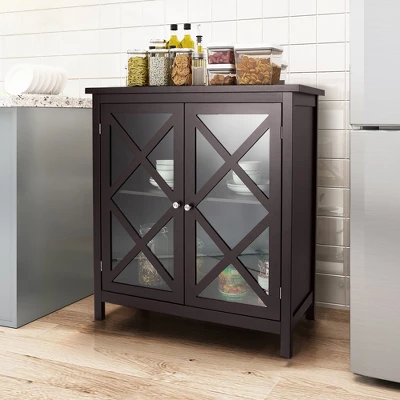 Costway Kitchen Buffet Sideboard Storage Cabinet W/Glass Doors & Adjustable Shelf WhiteBrown 1 Costway Kitchen Buffet Sideboard Storage Cabinet W/Glass Doors & Adjustable Shelf WhiteBrown