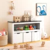 Costway Kids Toy Storage Organizer Wooden Bookshelf With 3 Drawers Hidden Wheel Blackboard