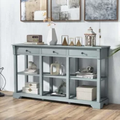 Costway 58'' Long Sofa Table With Storage Retro Console Table With 3 Drawers & Open Shelves Blue/White -Costway GUEST e51d46da 0d0f 47ef 8560 29e501c93d3c