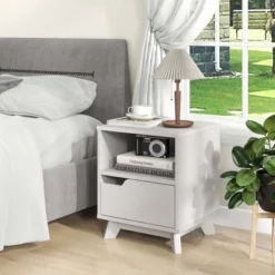 Costway 1/2 PCS Nightstand Sofa Side End Table With Storage Shelf & Drawer Space-Saving White