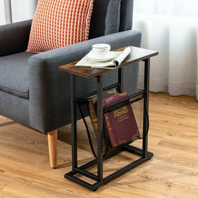 Costway Industrial End Side Table Mesh Magazine Holder Nightstand Rustic Brown 2 Costway Industrial End Side Table Mesh Magazine Holder Nightstand Rustic Brown - Image 2