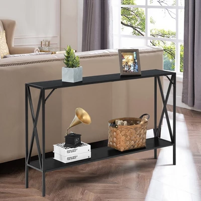 Costway 2 Tier Console Table Narrow Accent Side Entryway Table Metal Frame Black 2 Costway 2 Tier Console Table Narrow Accent Side Entryway Table Metal Frame Black - Image 2