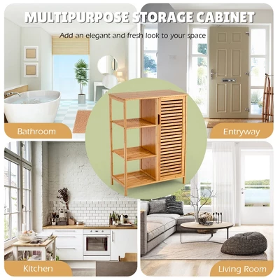 Costway Bathroom Cabinet Bamboo Storage Floor Cabinet W/ Single Door & 3 Open Shelves 9 Costway Bathroom Cabinet Bamboo Storage Floor Cabinet W/ Single Door & 3 Open Shelves - Image 9