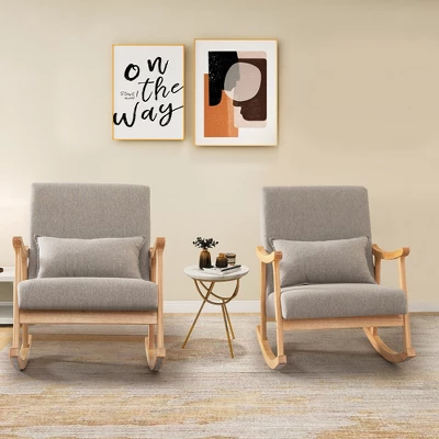 Costway Upholstered Rocking Chair With Pillow Rocking Armchair With Rubber Wood Frame Grey 2 Costway Upholstered Rocking Chair With Pillow Rocking Armchair With Rubber Wood Frame Grey - Image 2