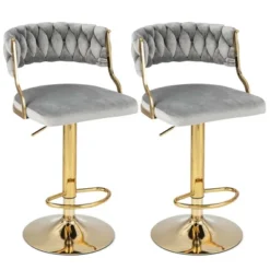 Costway Swivel Velvet Bar Stools Set Of 2 Upholstered Adjustable With Woven Backrest Grey/Beige/Yellow -Costway GUEST e723d3ed fd06 458f 9f40 2632326bbcb1