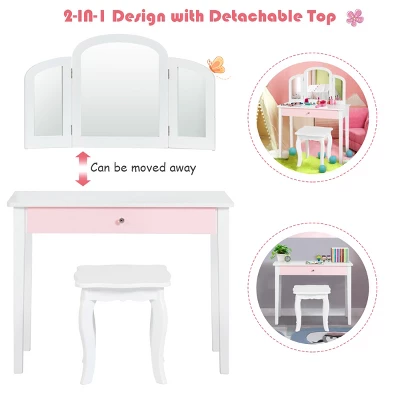Costway Kids Vanity Set Princess Makeup Dressing Play Table Set W/Mirror White Pink 7 Costway Kids Vanity Set Princess Makeup Dressing Play Table Set W/Mirror White Pink - Image 7
