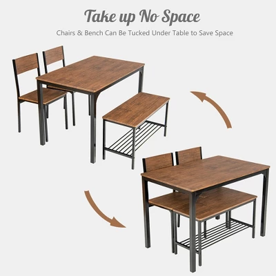 Costway 4pcs Dining Table Set Rustic Desk 2 Chairs & Bench W/ Storage Rack 6 Costway 4pcs Dining Table Set Rustic Desk 2 Chairs & Bench W/ Storage Rack - Image 6