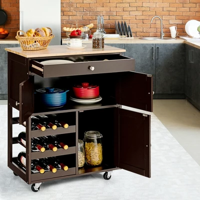 Costway Rolling Kitchen Island Serving Cart Storage Cabinet W/ Wine Rack 2 Costway Rolling Kitchen Island Serving Cart Storage Cabinet W/ Wine Rack - Image 2