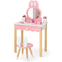 Costway Kids Vanity Set Rabbit Makeup Dressing Table Chair Set W/ Mirror Drawer WhitePink -Costway GUEST e92ba854 8cd8 4a2b 9cdb 1d49f348be27
