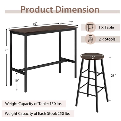 Costway 3 Piece Bar Table Set Pub Table And 2 Stools Counter Kitchen Dining Set 2 Costway 3 Piece Bar Table Set Pub Table And 2 Stools Counter Kitchen Dining Set - Image 2