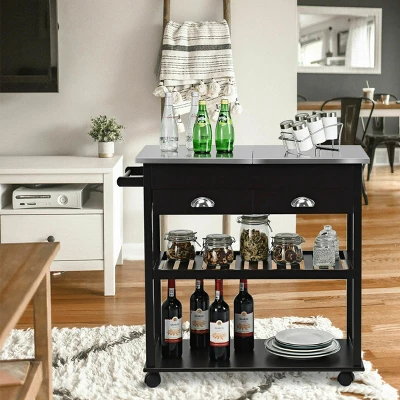 Costway Rolling Kitchen Island Trolley Cart Stainless Steel Flip Tabletop W/ Drawer Brown 2 Costway Rolling Kitchen Island Trolley Cart Stainless Steel Flip Tabletop W/ Drawer Brown - Image 2