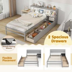 Costway Twin Size Bed Frame With LED Light & Power Outlet Bookcase Headboard Drawers White/Gray -Costway GUEST eac0b795 762e 423b 9e59 3986592bd686