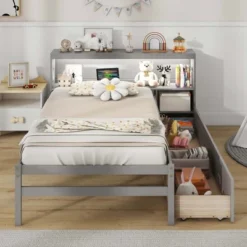 Costway Twin Size Bed Frame With LED Light & Power Outlet Bookcase Headboard Drawers White/Gray -Costway GUEST eb0a541c 8d77 4762 9bda 41ea86ba5ef6