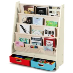 Costway Kids Book Rack Toys Organizer With 4 Sling Bookshelf & 2 Boxes EspressoBeige -Costway GUEST eb1b2b71 1605 421a 9f19 e348570ebf5b