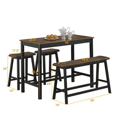 Costway 4 Pcs Solid Wood Counter Height Table Set W/ Height Bench & Two Saddle Stools 1 Costway 4 Pcs Solid Wood Counter Height Table Set W/ Height Bench & Two Saddle Stools