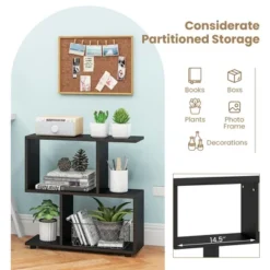 Costway 2 PCS 2-Tier Bookshelf Free Standing Wooden Display S-Shaped Shelf Storage Rack Black/Brown -Costway GUEST ec927797 8b1b 4b1a 8db4 7a35287b8ab8