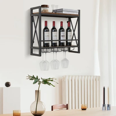 Costway Wall Mounted Wine Rack Industrial 2-Tier Wood Shelf With 3 Stem Glass Holders 1 Costway Wall Mounted Wine Rack Industrial 2-Tier Wood Shelf With 3 Stem Glass Holders