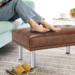 Costway Ottoman Footrest Stool PU Leather Rectangular Seat W/Metal Legs Brown/Black -Costway GUEST eea1ccd7 76cb 4b08 9f41 771b4150297a