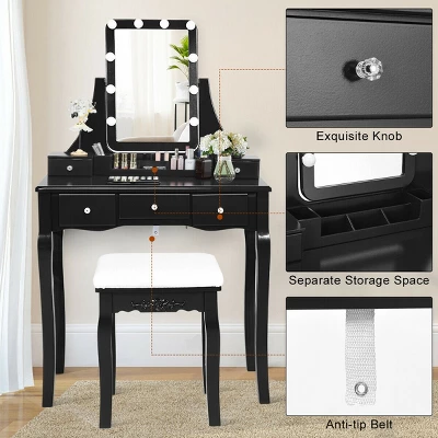 Costway Vanity Dressing Table Set W/Removable Box &10 Dimmable Bulbs Touch Switch 8 Costway Vanity Dressing Table Set W/Removable Box &10 Dimmable Bulbs Touch Switch - Image 8