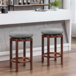 Costway Set Of 2 Upholstered Swivel Round Bar Stools 26'' Wooden Pub Kitchen Chairs Gray