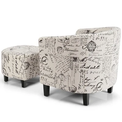 Costway Barrel Modern Accent Tub Upholstered Chair French Print W/ Ottoman 6 Costway Barrel Modern Accent Tub Upholstered Chair French Print W/ Ottoman - Image 6