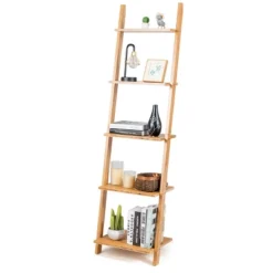 Costway 5-Tier Ladder Shelf Modern Bamboo Leaning Bookshelf Ladder Bookcase Open Display -Costway GUEST f036f59a 4189 4901 967c 144b165d7ef1