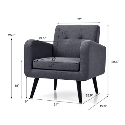 Costway Mid Century Accent Chair Fabric Arm Chair Single Sofa W/Rubber Wood Legs BlueGrey 2 Costway Mid Century Accent Chair Fabric Arm Chair Single Sofa W/Rubber Wood Legs BlueGrey - Image 2