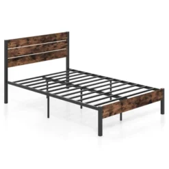 Costway Twin/Full/Queen/King Bed Frame With Tall Industrial Headboard Heavy-Duty Metal Slats Support Brown