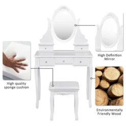 Costway Bedroom Wooden Mirrored Makeup Vanity Set Stool Table Set White 5 Drawers -Costway GUEST f24f0a59 af3a 49bb 94ec 2ac556e30284